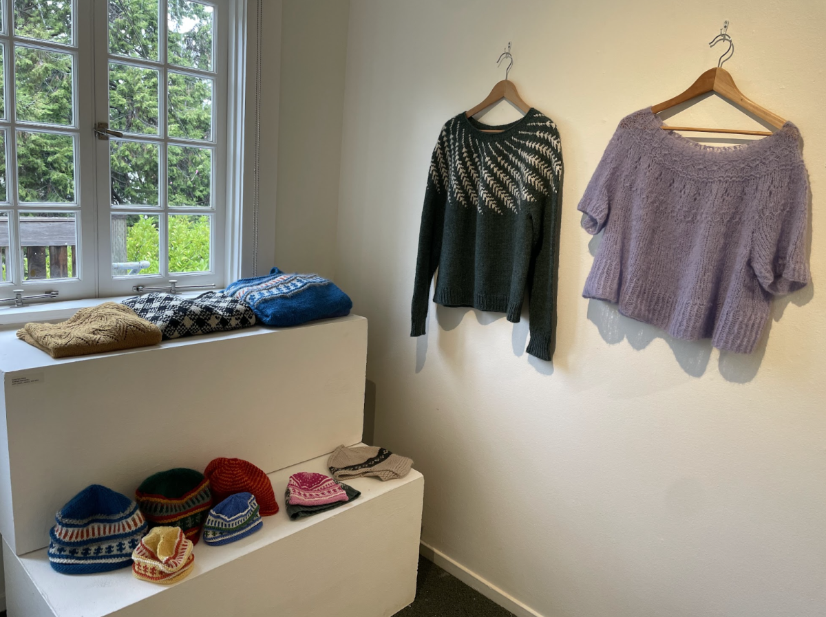 Gretchen Koles's knitted garments on display in New House. The Staffulty Art Show spotlighted diverse works of art from across the Branson faculty.